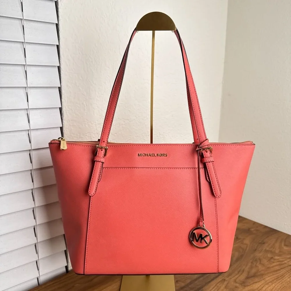 Michael Kors Ciara Large East West Top Zip Tote Saffiano Leather Coral Pink